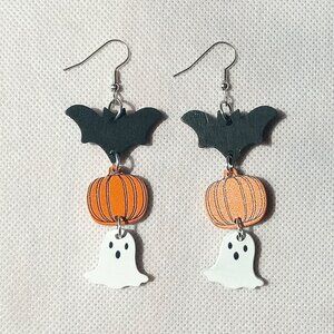 Cute Batty Earrings, Bats, Pumpkins & Ghosts Dangle Earrings, Festive Halloween